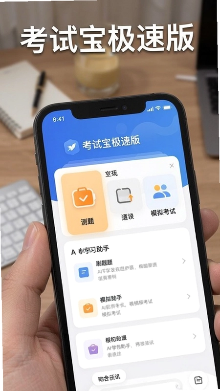考试宝极速版界面展示,包含刷题、模拟考试、AI学习助手功能,“考试宝极速版”字样清晰可见