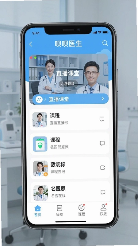 չʾ����ҽ��APP���棬����ֱ�����á��γ��б�����ҽ���ߵȺ��Ĺ��ܣ����֡�����ҽ����
