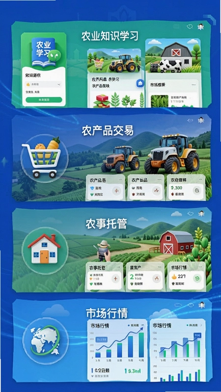 һ��չʾ�й�ͨapp��Ҫ����ģ���ͼƬ��������ũҵ֪ʶѧϰ����ũ��Ʒ���ס���ũ���йܡ����г����顱�Ƚ���