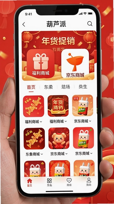 �ֻ���Ļ��ʾ��«��App��ҳ�������С���«�ɡ����⣬չʾ�������̳ǡ��������̳ǡ�ͼ�꣬��Ʒ�����б�����ɫ�������������